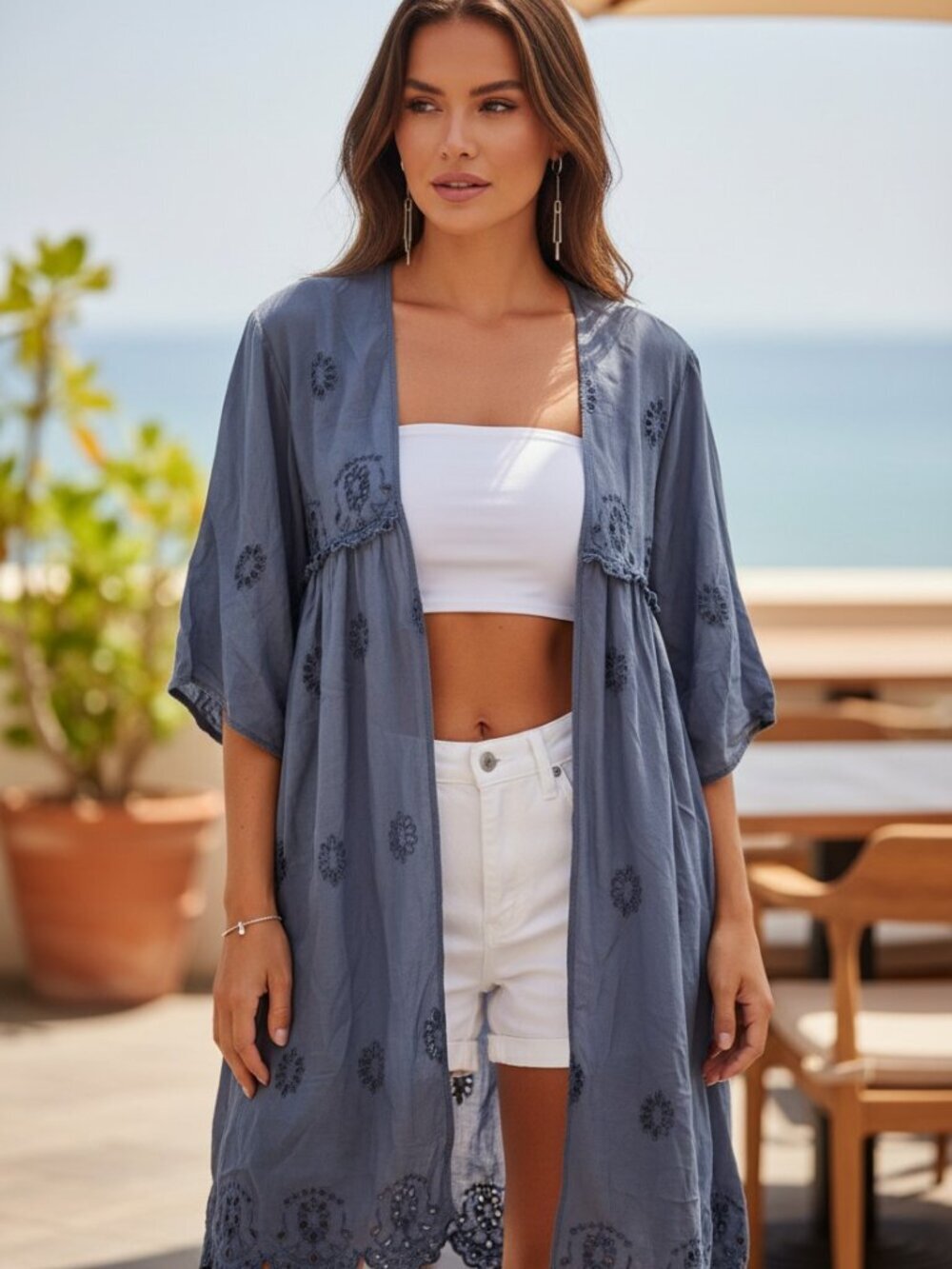American Eagle Boho Floral Embroidered Kimono Cardigan Blue Gray XS S